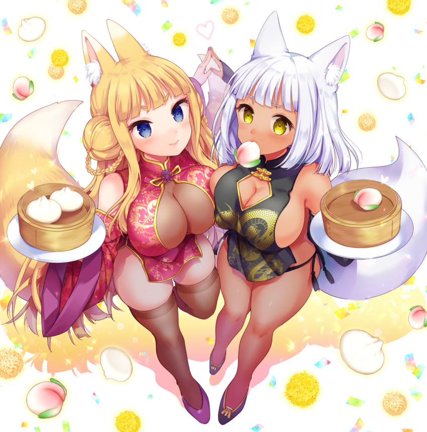 2girls animal_ear_fluff animal_ears bamboo_steamer baozi bare_shoulders black_dress black_panties blonde_hair blue_eyes blunt_bangs blush braid breasts bridal_gauntlets brown_legwear china_dress chinese_clothes cleavage cleavage_cutout closed_mouth clothing_cutout commentary_request detached_sleeves double_bun dragon_print dress floral_print food fox_ears fox_tail full_body grey_hair hair_bun highres holding japanese_clothes large_breasts lips long_hair looking_at_viewer miyano_ururu mouth_hold multiple_girls original panties red_dress short_dress side-tie_panties side_slit single_hair_bun skindentation smile tail thighhighs thighs twin_braids underwear very_long_hair wide_sleeves yellow_eyes