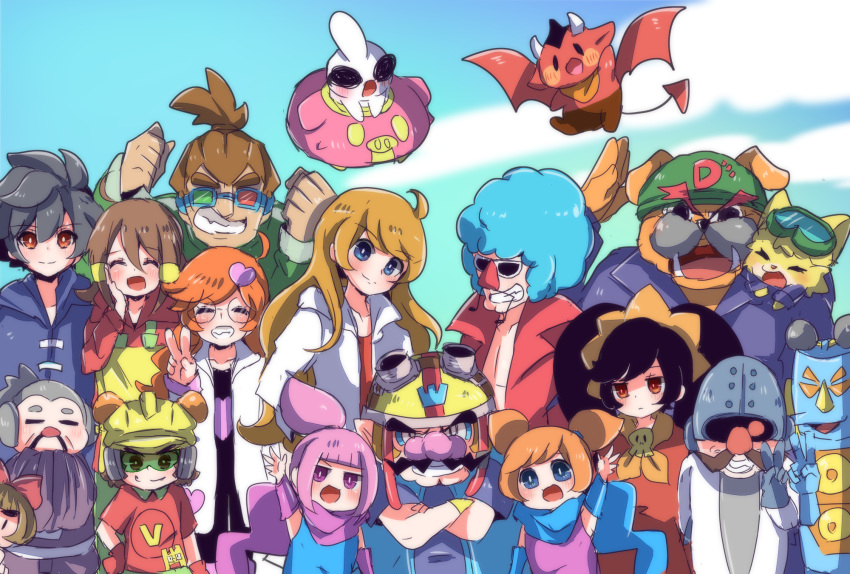 18-volt 5-volt 9-volt afro ahoge ana_(warioware) ashley_(warioware) big_nose black_hair blue_hair blue_sky bow brown_eyes brown_hair canine clenched_hand closed_eyes cloud commentary_request demon dr._crygor dribble_(warioware) everyone feline fronk gloves goggles goggles_on_head grey_gloves grey_hair grin hairbow hands_up helmet herunia_kokuoji heterochromatic_eyewear heterochromia highres jimmy_t kat_(warioware) long_hair looking_at_viewer lulu_(warioware) master_mantis mike_(warioware) mona_(warioware) orange_hair orbulon outdoors penny_crygor pink_bow pink_hair red_(warioware) red_eyes red_nose salute sky smile spitz standing sunglasses v wario warioware young_cricket