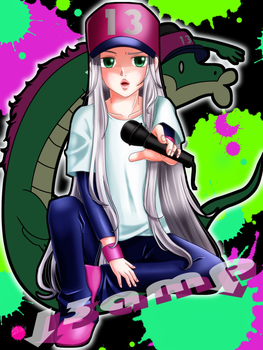 13-amp baseball_cap character_name cocked_eyebrow commentary_request dated female graffiti green_eyes hat highres lin_(ryun_vell) lips long_hair looking_at_viewer microphone open_mouth photoshop_(medium) sitting solo very_long_hair warioware white_hair wristband