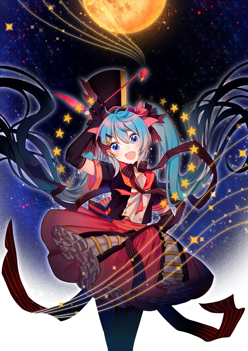 :d absurdres black_gloves black_pantyhose blue_eyes blue_hair blush bow commentary_request elbow_gloves female floating_hair floating_neckwear gloves hair_ornament hair_ribbon hairbow hairclip hand_on_own_hip hatsune_miku highres kakami_(pixiv7616827) layered_skirt long_hair open_mouth pantyhose petticoat pink_bow pink_skirt ribbon sheath short_sleeves skirt smile solo standing striped striped_ribbon twintails very_long_hair vocaloid