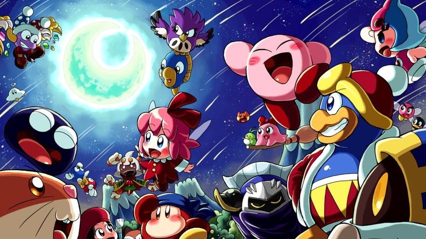 :d adeleine bandana_waddle_dee chuchu_(kirby) closed_eyes coo_(kirby) darkpot elline_(kirby) gooey grin jizo_yukari kine_(kirby) king_dedede kirby kirby_(series) magolor marx meta_knight moon nintendo open_mouth pitch_(kirby) ribbon_(kirby) rick_(kirby) shooting_star sky smile star_(sky) starry_sky taranza