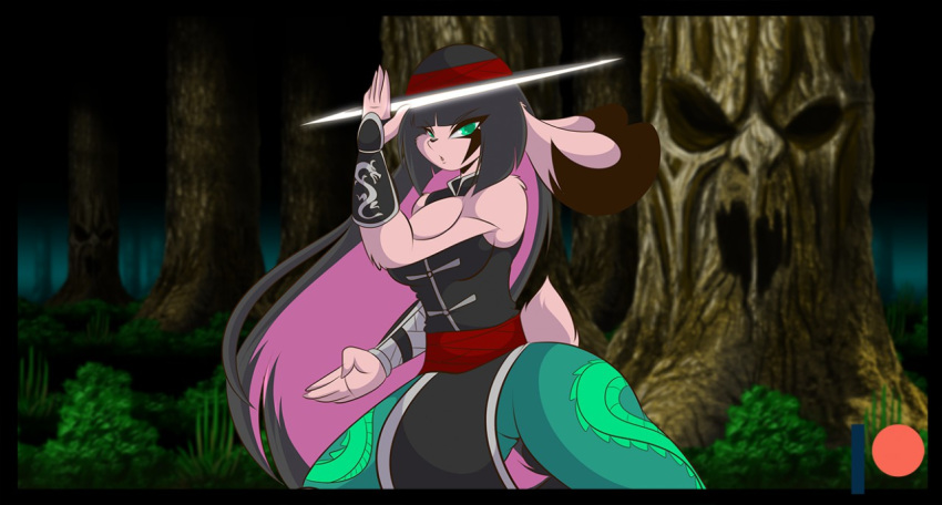 anthro big_breasts black_hair black_nose breasts clothed clothing cosplay facial_markings female floppy_ears fur green_eyes hair hare head_markings jazmin_usagi kung_lao lagomorph leporid long_ears long_hair looking_at_viewer mammal markings mastergodai mortal_kombat multicolored_hair pink_body pink_fur pink_hair plant rabbit rascals solo tree two_tone_hair