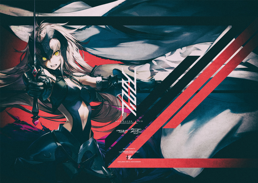 armor bare_shoulders black_gloves blonde_hair breasts chains cleavage clenched_teeth commentary_request elbow_gloves fate/grand_order fate_(series) female fuse_(itou_jun) gauntlets gloves helmet holding holding_sword holding_weapon jeanne_d'arc_alter_(avenger)_(fate) jeanne_d'arc_alter_(avenger)_(third_ascension)_(fate) jeanne_d'arc_alter_(fate) kodama_(wa-ka-me) long_hair looking_at_viewer medium_breasts navel sheath solo sword teeth weapon yellow_eyes