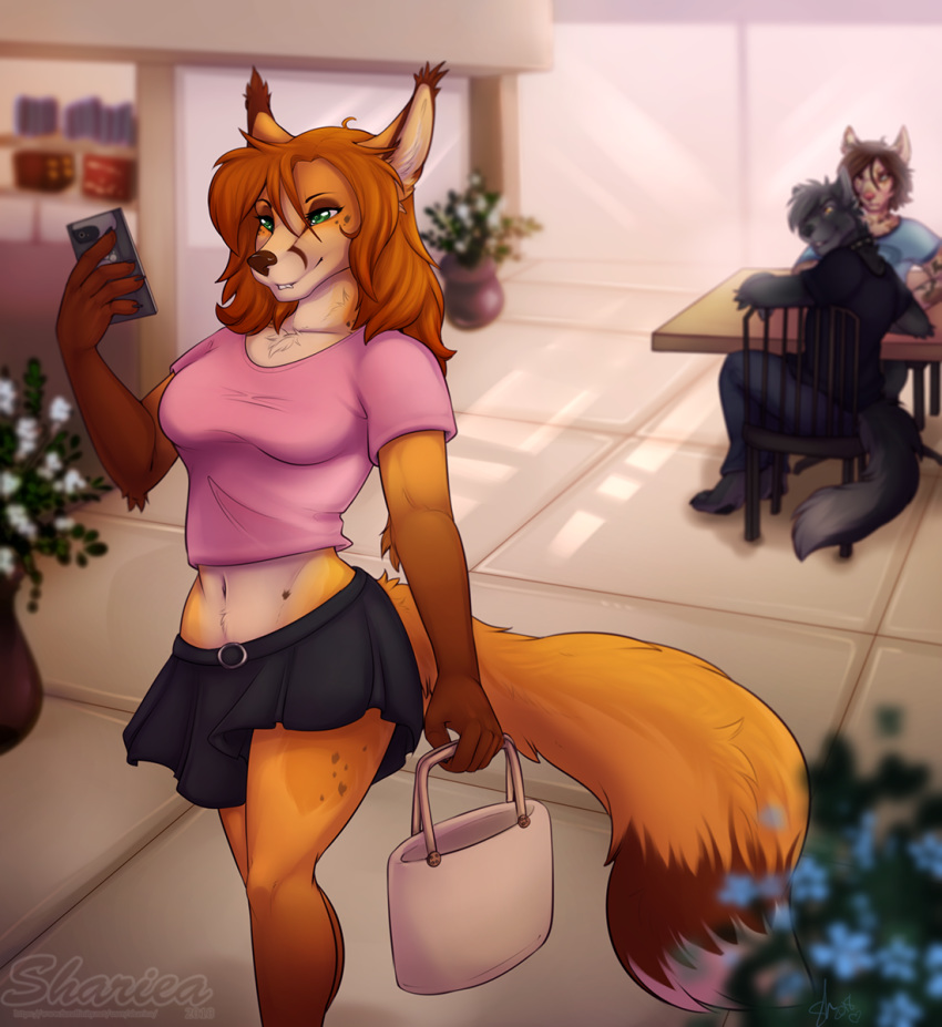 anthro autumn_(praexon) bottomwear canid canine canis cellphone chair clothed clothing dipstick_tail ear_tuft electronics female flower fox furniture green_eyes group hair hi_res holding_object inside long_hair mammal markings multicolored_tail navel phone plant purse red_fox shariea shirt sitting skirt solo_focus standing table tail tail_markings topwear true_fox tuft white_tail_tip window wolf