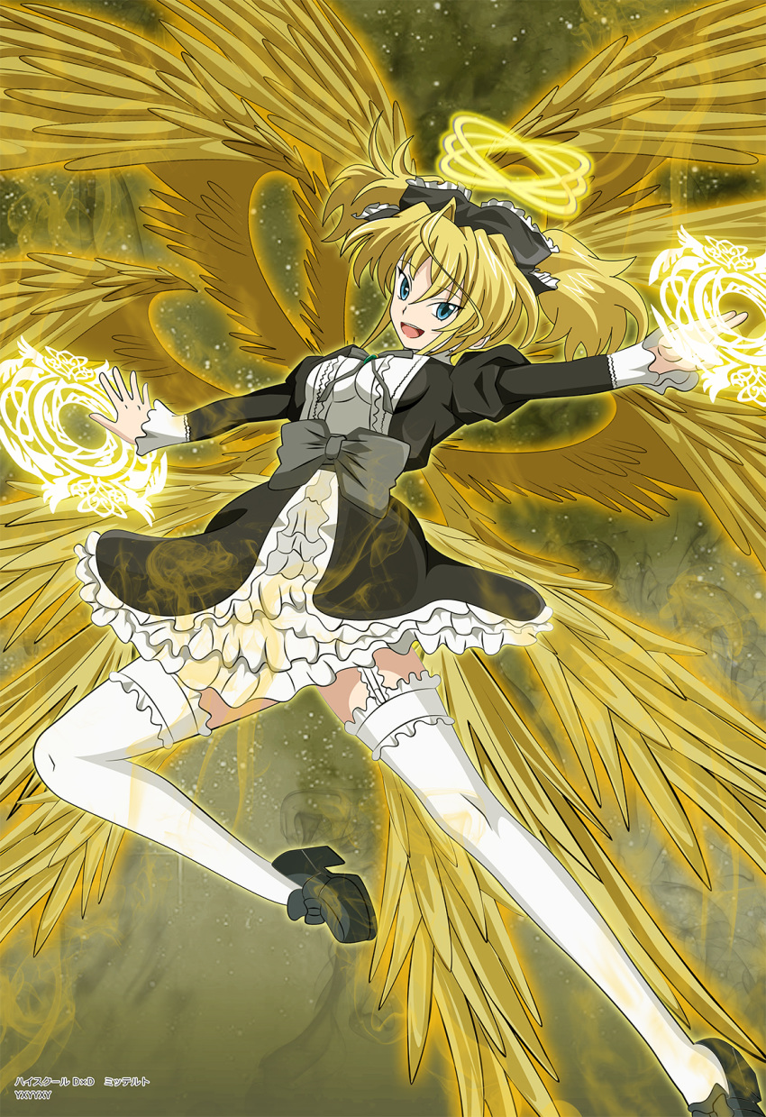 angel angel_wings aura bird_wings blonde_hair blue_eyes bow breasts center_frills chinese_commentary commentary double_halo dress feathered_wings female frilled_dress frills garter_straps gothic_lolita hairbow halo high_school_dxd highres lolita_fashion magic_circle mittelt multiple_wings open_mouth photoshop_(medium) short_hair small_breasts smile solo thighhighs twintails white_thighhighs wings yellow_background yellow_wings yxyyxy