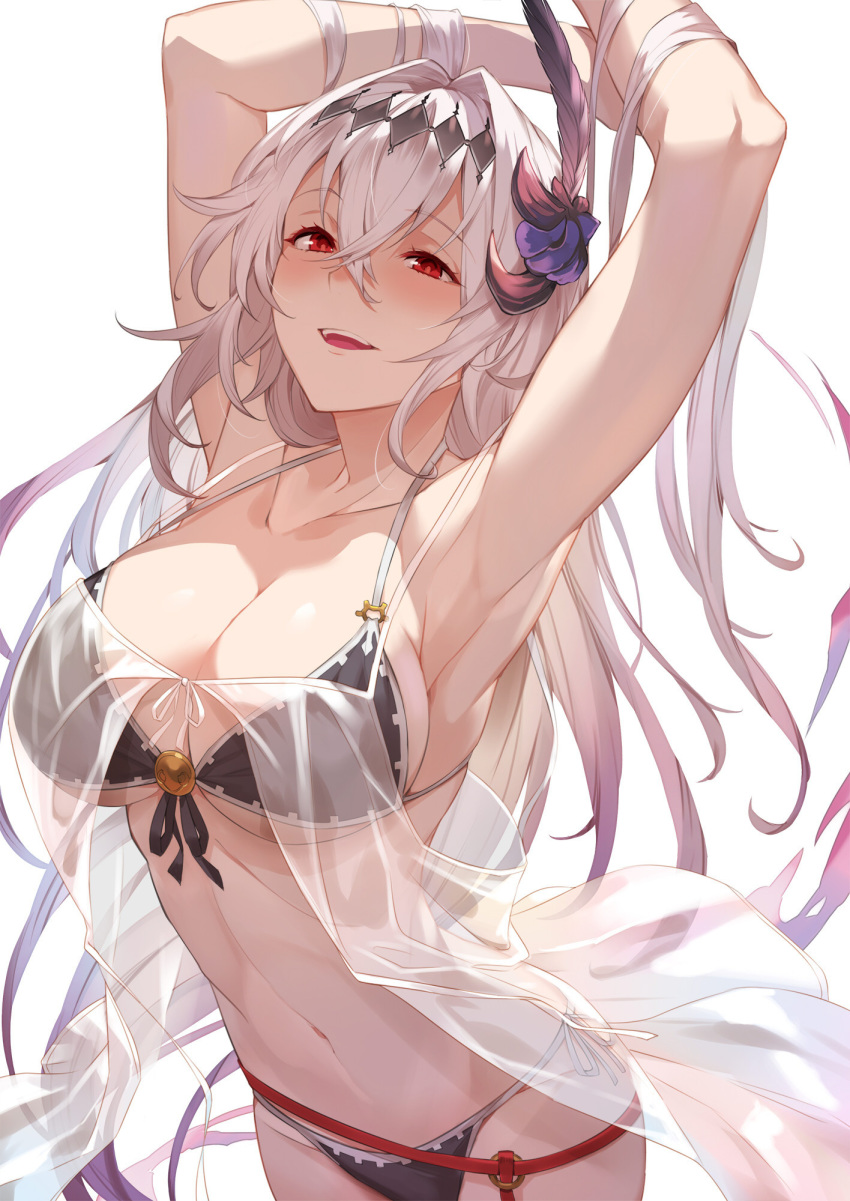 armpits arms_behind_head arms_up bare_shoulders bikini black_bikini breasts cleavage commentary_request dark_jeanne diadem feather_hair_ornament feathers female flower granblue_fantasy hair_between_eyes hair_flower hair_intakes hair_ornament highres jeanne_d'arc_(granblue_fantasy) kakage large_breasts long_hair looking_at_viewer navel open_mouth parted_lips red_eyes simple_background smile solo swimsuit white_background white_hair