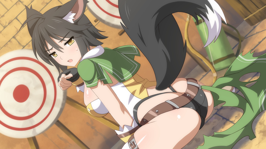 animal_ears archer ass black_hair foxgirl game_cg gloves panties sakura_dungeon short_hair tail torn_clothes underwear wanaca winged_cloud yellow_eyes