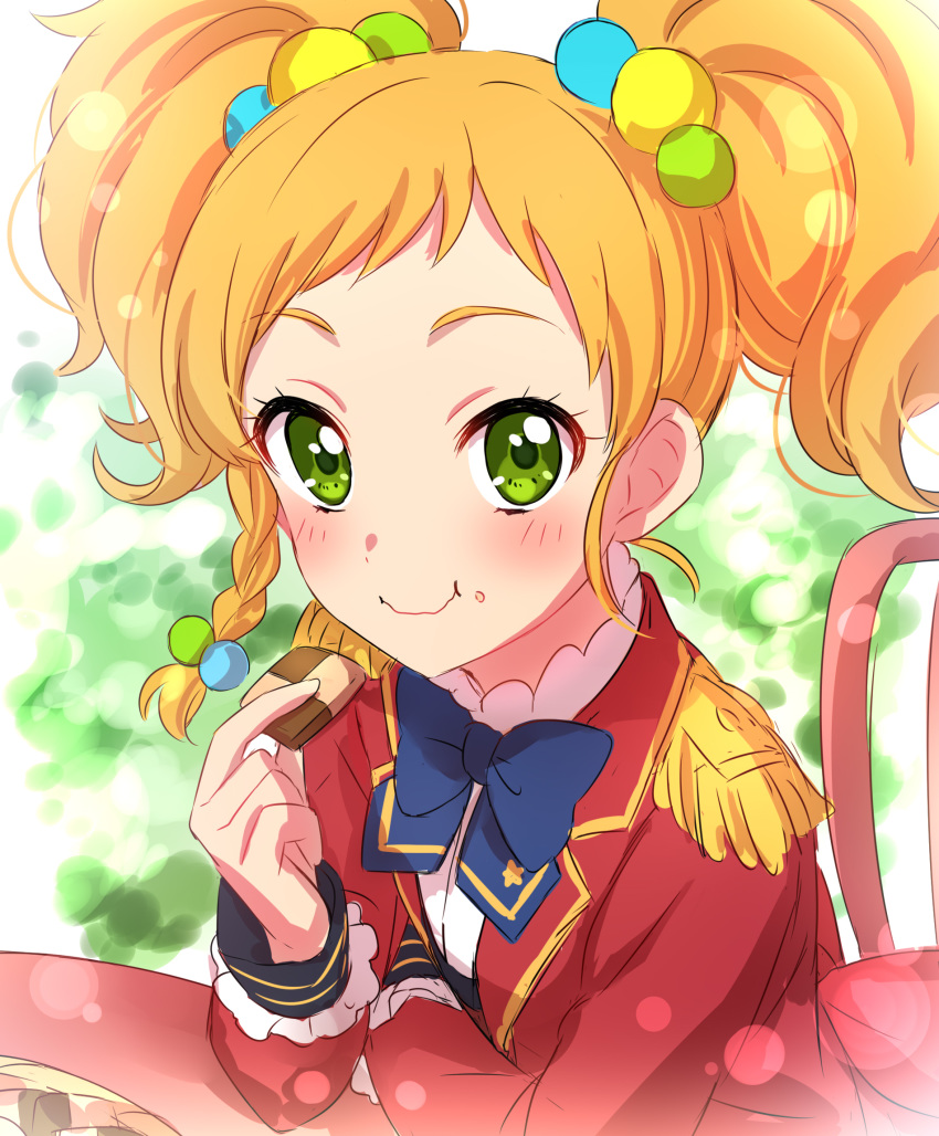 :t aikatsu!_(series) aikatsu_stars! bad_id bad_pixiv_id blue_bow blue_bowtie blurry blush bokeh bow bowtie braid checkerboard_cookie chocolate closed_mouth commentary_request cookie depth_of_field eating epaulettes female food food_on_face green_eyes hair_bobbles hair_ornament highres holding holding_food jacket long_sleeves looking_at_viewer multicolored_hair_bobbles nikaido_yuzu orange_hair red_jacket s4_uniform sekina short_hair side_braid single_braid smile solo twintails wavy_mouth