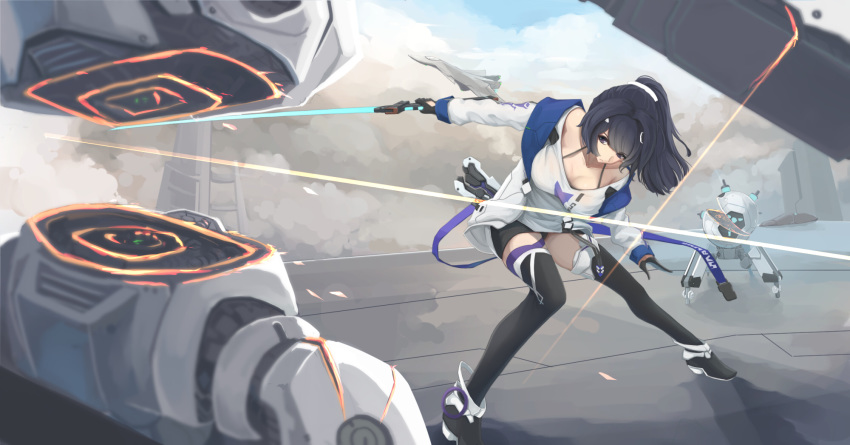 aircraft airplane attack battle black_eyes black_gloves black_thighhighs breasts cleavage collarbone commentary_request day facing_viewer female fighter_jet full_body gloves hair_ornament highres holding holding_sword holding_weapon honkai_(series) honkai_impact_3rd jacket jet katana kikivi large_breasts leaning_forward long_hair looking_back military military_vehicle open_clothes open_jacket outdoors ponytail raiden_mei raiden_mei_(striker_fulminata) robot slashing solo sword thighhighs weapon