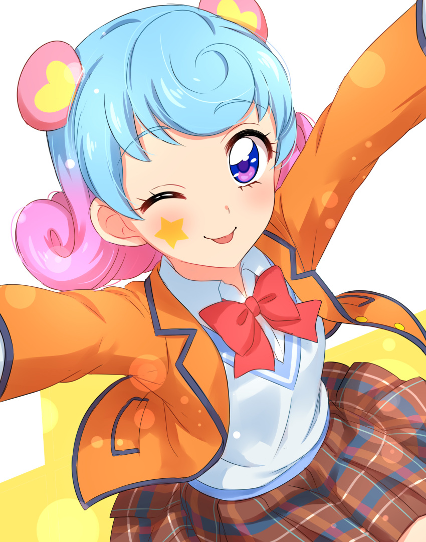 :p absurdres aikatsu! aikatsu!_(series) bad_id bad_pixiv_id blazer blue_hair blush brown_skirt closed_mouth collared_shirt commentary_request doujima_nina facial_mark female gradient_hair hair_ornament hands_up highres jacket long_sleeves looking_at_viewer multicolored_hair neck_ribbon one_eye_closed open_clothes open_jacket orange_jacket pink_hair pleated_skirt purple_eyes red_ribbon ribbon sekina shirt simple_background skirt smile solo star_(symbol) tongue tongue_out vest white_background white_shirt