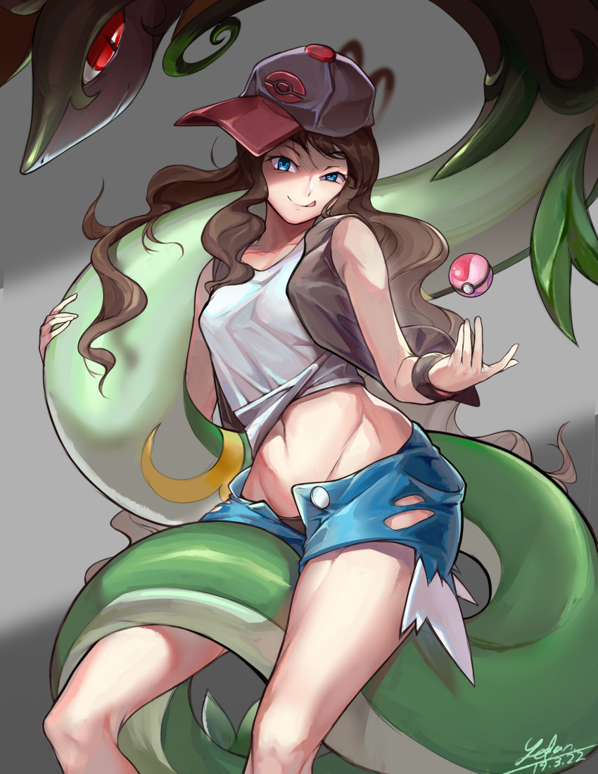 absurdres artist_name bad_id bad_pixiv_id black_panties brown_hair buttons commentary dated denim denim_shorts dream_ball female grey_background hair_down hat highres hilda_(pokemon) licking_lips long_hair midriff navel open_clothes open_fly open_shorts panties poke_ball pokemon pokemon_(creature) pokemon_bw red_eyes serperior shaded_face short_shorts shorts signature simple_background snake stomach tank_top tongue tongue_out unbuttoned underwear vest wavy_hair yedan999