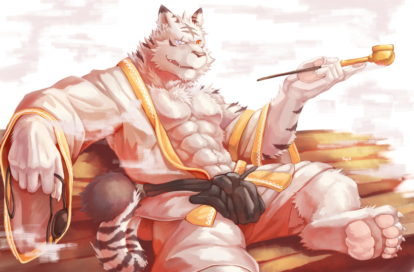 2018 5_fingers abs absurd_res anthro black_nose claws clothing digital_media_(artwork) fangs felid fingers fur hi_res kemono male mammal markings muscular muscular_anthro muscular_male pantherine pawpads paws pecs solo striped_markings striped_tail stripes tail tail_markings teeth tiger toe_claws tupidwithouts