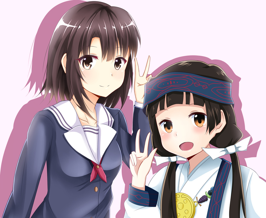 2girls amayadori_machi black_hair blush brown_eyes brown_hair commentary_request crossover headband highres japanese_clothes katou_megumi kumamiko miko multiple_girls saenai_heroine_no_sodatekata school_uniform seno_(nanrandesu) short_hair smile twintails v white_background