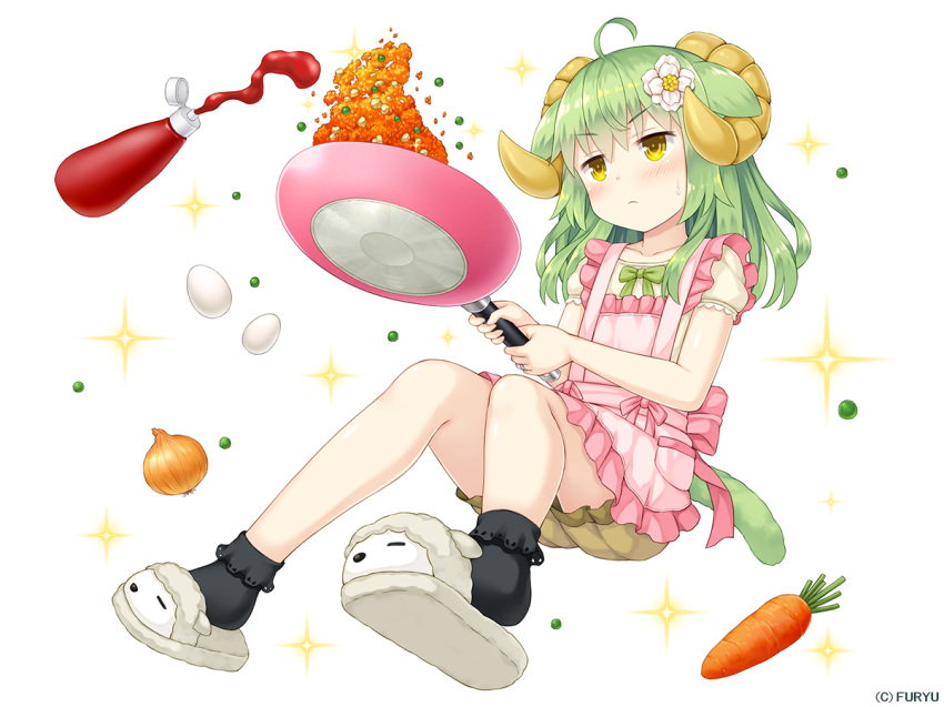 >:( ahoge animal_ears apron asatsuki_(monmusu_harem) black_socks blush carrot closed_mouth collarbone commentary_request company_name cooking egg female flipping_food flower food fried_rice frilled_apron frills frying_pan full_body green_hair green_ribbons hair_between_eyes hair_flower hair_ornament holding holding_frying_pan horns jewelry ketchup ketchup_bottle long_hair looking_away monmusu_harem namaru_(summer_dandy) official_art onion peas pink_apron pocket ribbon ring sheep_ears sheep_girl sheep_horns shirt short_sleeves sidelocks simple_background slippers socks solo sparkle sweatdrop v-shaped_eyebrows wedding_ring white_background white_flower white_footwear white_shirt yellow_eyes