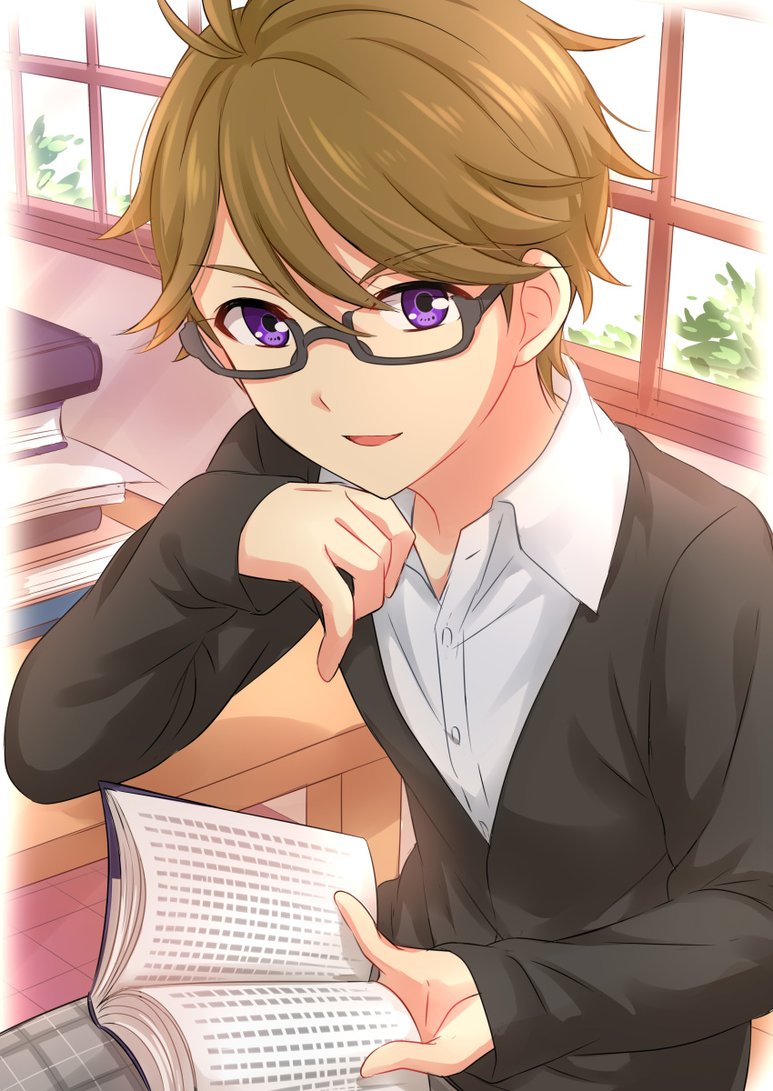 1boy absurdres aikatsu!_(series) aikatsu_stars! bad_id bad_pixiv_id book book_stack brown_hair collared_shirt commentary_request day highres holding holding_book igarashi_nozomu indoors long_sleeves looking_at_viewer male_focus open_book parted_lips purple_eyes sekina shirt sitting sleeves_past_wrists smile solo white_shirt window wing_collar