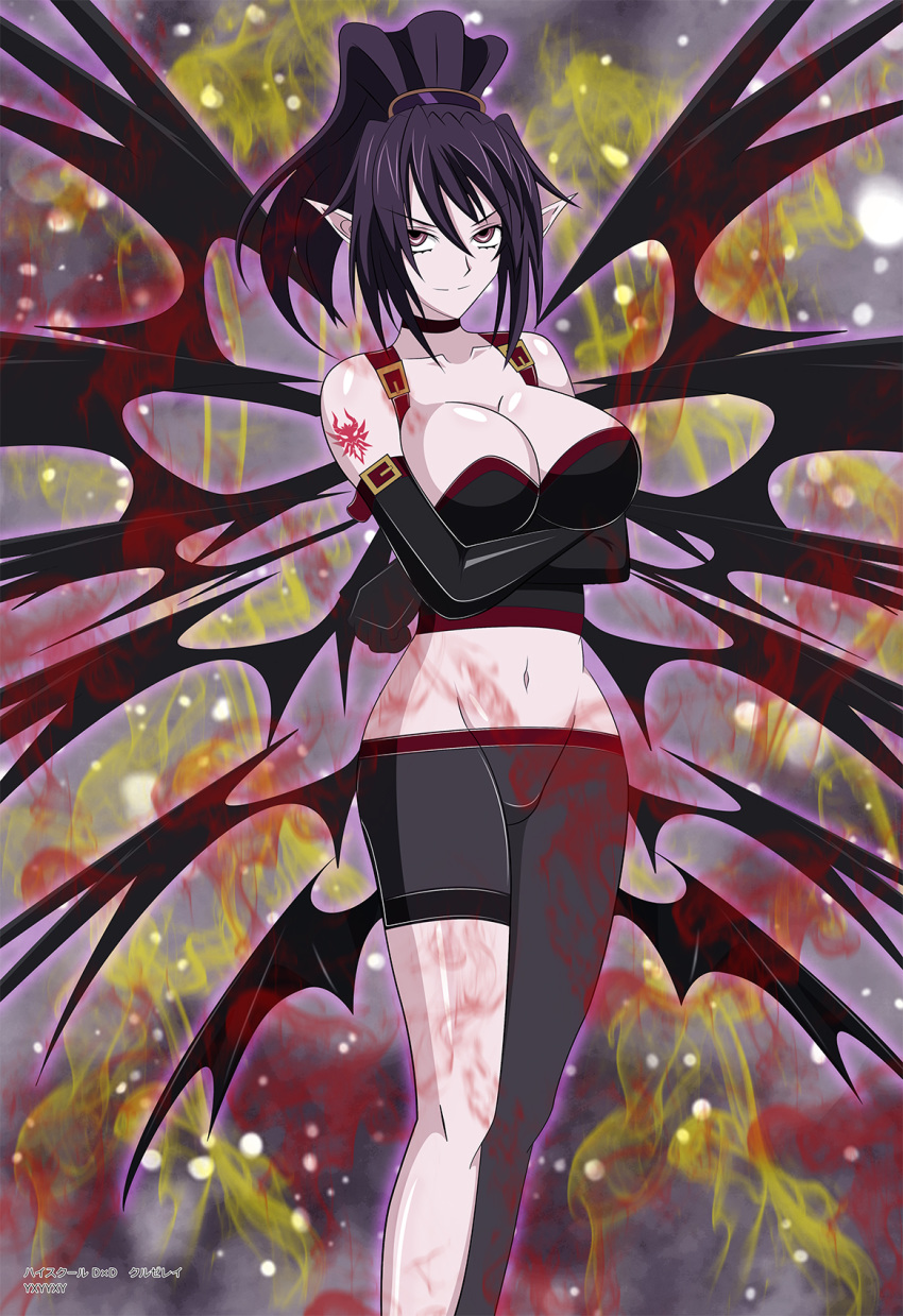 aura black_hair black_wings breasts character_request chinese_commentary commentary creuserey_asmodeus crossed_arms demon_girl demon_wings female genderswap_(mtf) gloves gold_trim high_ponytail high_school_dxd highres large_breasts long_hair looking_at_viewer multiple_wings pale_skin photoshop_(medium) pointy_ears purple_eyes rule_63 smile solo tattoo v-shaped_eyebrows wings yxyyxy