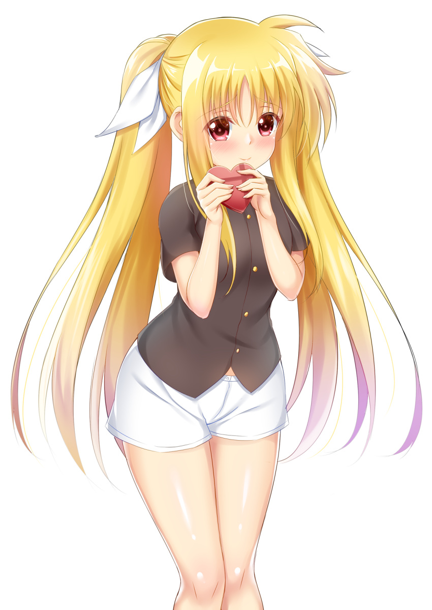 black_shirt blonde_hair blush box breasts closed_mouth commentary fate_testarossa female fingernails gift gift_box hair_between_eyes hair_ribbon hand_up heart-shaped_box highres holding holding_gift long_hair lyrical_nanoha mahou_shoujo_lyrical_nanoha red_eyes ribbon shirt short_shorts short_sleeves shorts sidelocks simple_background small_breasts smile solo twintails very_long_hair white_background white_ribbon white_shorts yuunagi_(0217)