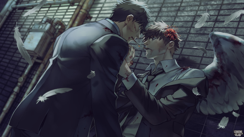 2boys angel_wings black_hair black_neckwear black_suit blood brown_hair cigarette cigarette_kiss commentary_request eye_contact feathered_wings feathers flower formal hair_flower hair_ornament highres holding_another's_wrist industrial_pipe kerberos_blade looking_at_another male_focus multiple_boys official_art otani_(gloria) shirt smoking spider_lily standing suit white_feathers white_shirt wings