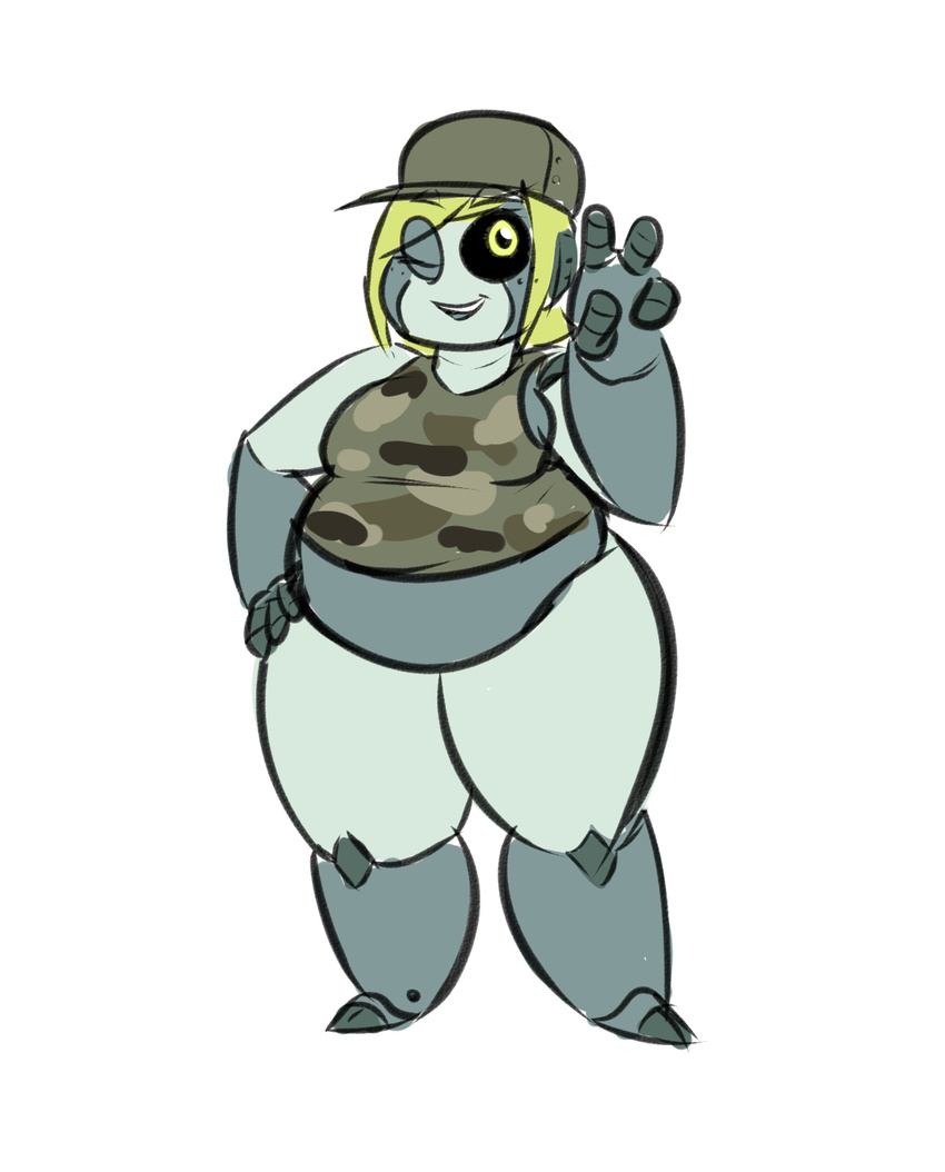 belly belly_overhang big_belly blonde_hair breasts clothing colored dimmerolls female gesture grey_body grey_skin hair hand_gesture hand_on_hip hat headgear headwear hi_res humanoid machine not_furry one_eye_closed overweight overweight_female overweight_humanoid plantigrade robot robot_humanoid simple_background sine slightly_chubby slightly_chubby_female solo standing thick_thighs v_sign white_background wide_hips wink yellow_eyes