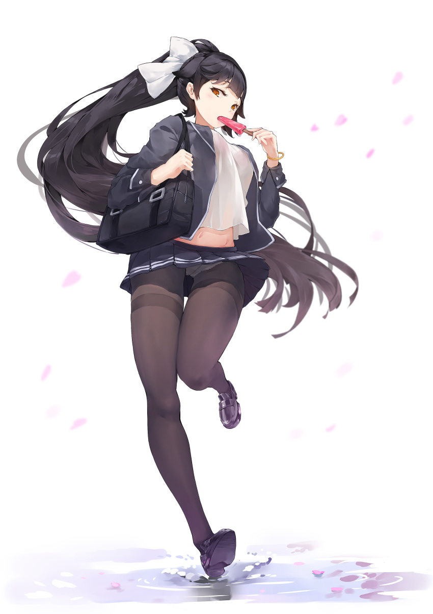 absurdres azur_lane bag black_footwear black_hair black_jacket black_pantyhose black_serafuku blush bow bracelet breasts brown_eyes bry. commentary_request crop_top crotch_seam female food full_body hairbow highres holding holding_food jacket jewelry large_breasts loafers long_hair looking_at_viewer mid-stride midriff navel official_alternate_costume open_clothes open_jacket outdoors panties panties_under_pantyhose pantyhose petals pleated_skirt ponytail popsicle puddle ripples school_bag school_uniform serafuku shirt shoes skirt solo splashing takao_(azur_lane) takao_(school_romanza)_(azur_lane) thighband_pantyhose underwear very_long_hair white_bow white_panties white_shirt