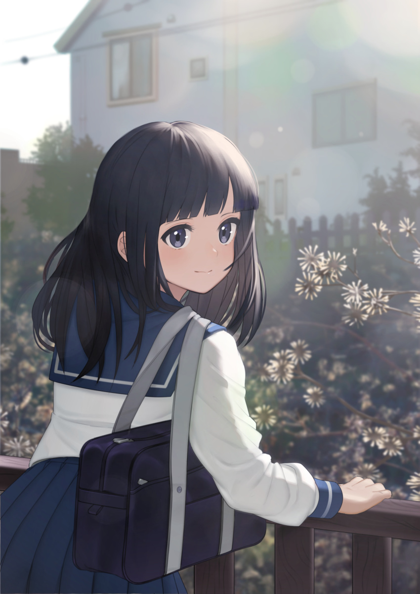 absurdres bag black_hair blue_eyes blunt_bangs blurry blurry_background commentary female flower highres lens_flare looking_at_viewer looking_back medium_hair original outdoors school_bag school_uniform serafuku solo yoshihiro_(yoshihiro12190)