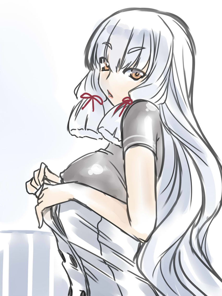 aged_up breasts commentary_request covered_nipples crop_top dress eyebrows female hair_ornament hair_ribbon hakkai highres kantai_collection large_breasts lips lipstick long_hair looking_at_viewer makeup murakumo_(kancolle) murakumo_kai_ni_(kancolle) orange_eyes red_ribbon ribbon solo strapless strapless_dress tube_dress unworn_headgear white_hair