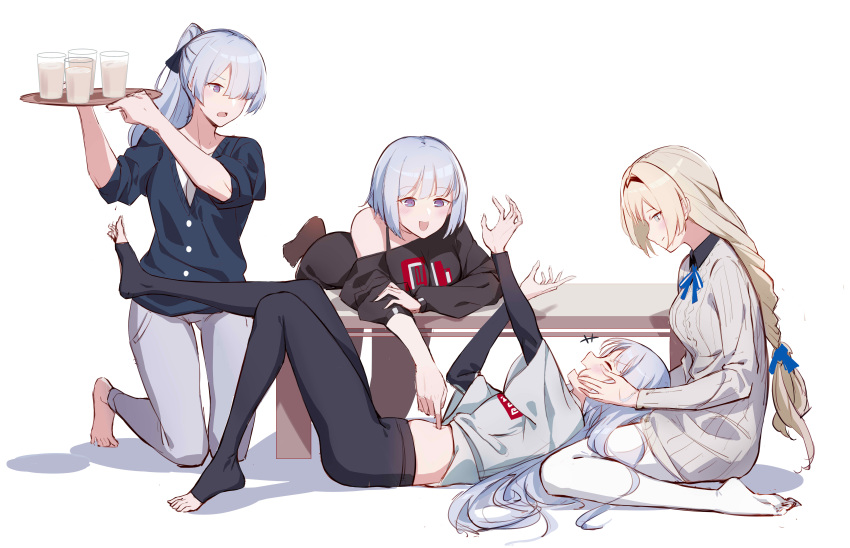 4girls absurdres ak-12_(girls'_frontline) ak-15_(girls'_frontline) an-94_(girls'_frontline) aran_sweater barefoot black_legwear blonde_hair braid breasts cable_knit casual cheek_squash chinese_commentary closed_eyes commentary defy_(girls'_frontline) feet from_side girls'_frontline grey_hair hair_over_one_eye hairband highres holding holding_tray jhcrow3 lap_pillow large_breasts legs long_hair long_sleeves lying multiple_girls navel navel_fingering off-shoulder_sweater off_shoulder on_back pantyhose poking poking_belly ponytail purple_eyes revision rpk-16_(girls'_frontline) short_hair single_braid smile sweater table toeless_legwear tray white_pantyhose