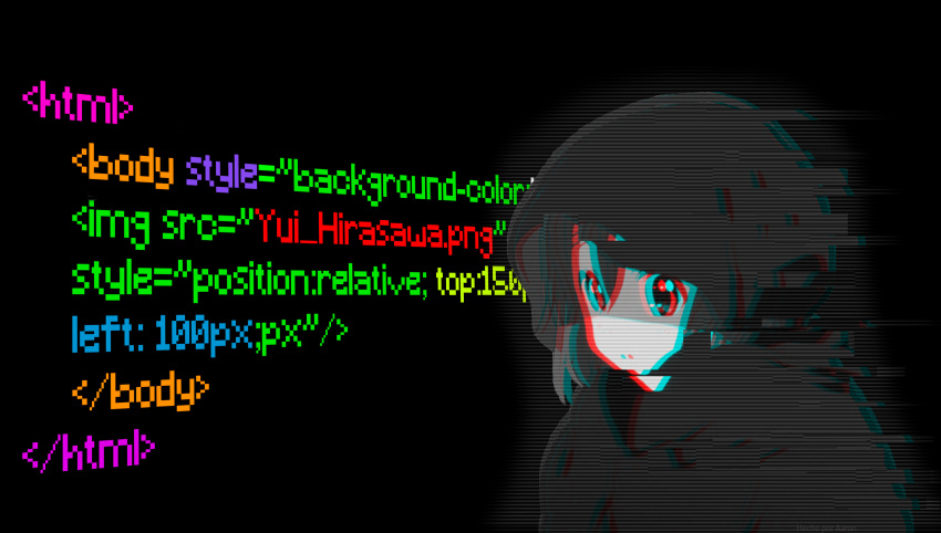 black_background chromatic_aberration code female highres hirasawa_yui html k-on! non-web_source simple_background solo third-party_edit