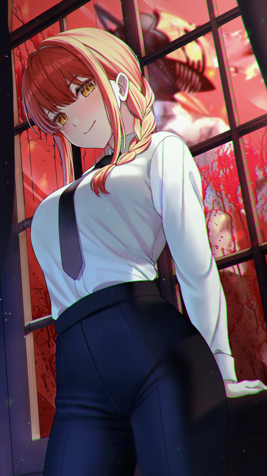 1boy black_necktie black_pants blood blood_splatter blush braid braided_ponytail breasts chainsaw_man collared_shirt commentary_request denji_(chainsaw_man) dress_shirt female formal high-waist_pants highres large_breasts long_hair long_sleeves looking_at_viewer makima_(chainsaw_man) necktie pants red_hair ringed_eyes saruei shirt sidelocks smile solo_focus thighs white_shirt window yellow_eyes