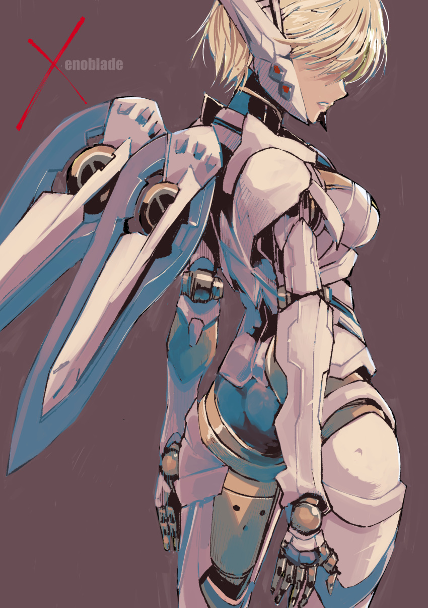 blonde_hair breasts brown_background copyright_name cyborg female fiora_(xenoblade) hidden_eyes highres joints mecha-fiora mechanical_wings muramasa_mikado robot_joints science_fiction short_hair solo spoilers wings xenoblade_chronicles_(series) xenoblade_chronicles_1