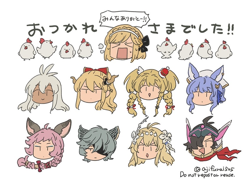 >_< ... 2boys 6+girls :< :d animal animal_ears antenna_hair asaya_minoru bird black_hair blonde_hair blue_hair bow braid chibi chicken closed_eyes closed_mouth commentary_request dark-skinned_female dark_skin djeeta_(granblue_fantasy) english_text erune eye_mask eyepatch eyeshadow granblue_fantasy grey_hair hair_over_one_eye hairbow horns jeanne_d'arc_(granblue_fantasy) long_hair mahira_(granblue_fantasy) makeup multiple_boys multiple_girls nehan_(granblue_fantasy) nicholas_(granblue_fantasy) pink_hair red_bow simple_background single_braid smile spoken_ellipsis sweat tien_(granblue_fantasy) tikoh translated twin_braids twintails twitter_username v-shaped_eyebrows vira_(granblue_fantasy) white_background zooey_(granblue_fantasy)