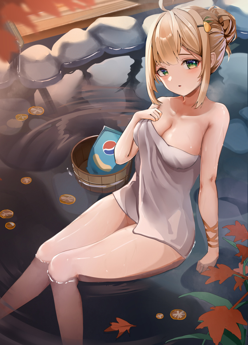 :o absurdres arm_support autumn_leaves berserker_r blonde_hair blush breasts bucket chinese_commentary chips_(food) cleavage collarbone commentary_request female food fruit_on_liquid green_eyes hair_between_eyes hair_bun hair_ornament hairclip half-closed_eyes hand_on_own_chest highres knees_together_feet_apart looking_at_viewer medium_breasts medium_hair multicolored_eyes naked_towel onsen outdoors parted_lips partial_commentary rock sidelocks single_hair_bun sitting soaking_feet solo tanza_live thighs towel virtual_youtuber wooden_bucket yellow_eyes yuri_(tanza_live)