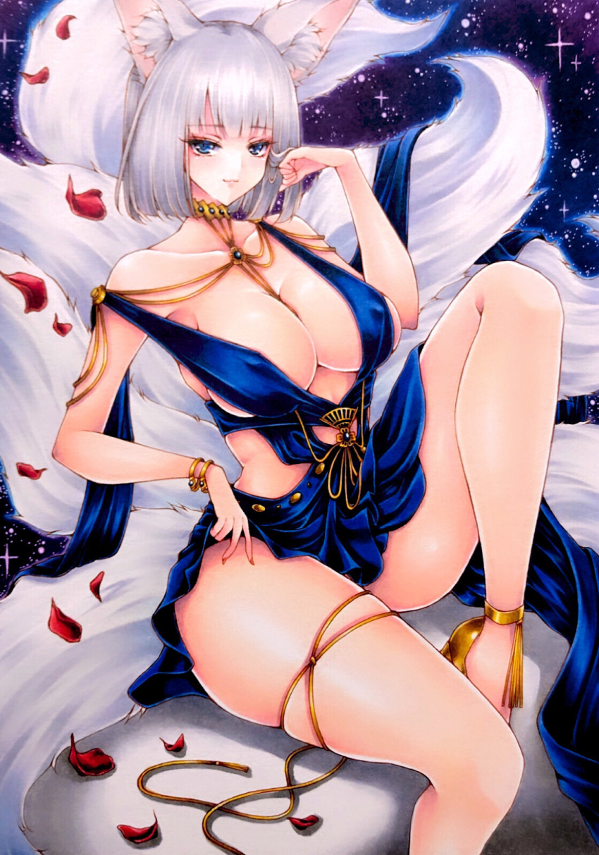 animal_ear_fluff animal_ears azur_lane blue_eyes breasts cleavage dress female fox_ears fox_girl fox_tail gold_footwear halter_dress halterneck highres kaga_(azur_lane) kaga_(exalted_white_wings)_(azur_lane) kitsune kyuubi large_breasts large_tail marker_(medium) mktr_(princess_mktr) multiple_tails no_bra no_panties o-ring_dress official_alternate_costume short_hair skindentation solo star_(sky) tail traditional_media white_hair white_tail