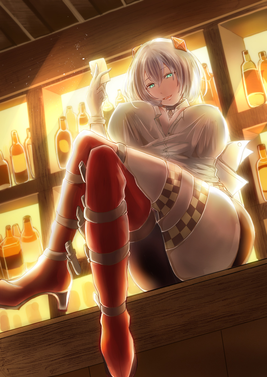 absurdres alcohol boots bottle breasts card cleavage crossed_legs cup female gloves green_eyes hair_between_eyes hair_ornament highres holding holding_card huge_breasts indoors large_breasts looking_at_viewer mika3n red_thighhighs risley_(sennen_sensou_aigis) sennen_sensou_aigis shirt short_hair sitting solo thigh_boots thigh_strap thighhighs white_gloves white_shirt