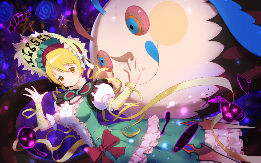 blonde_hair bonnet bow breasts candeloro candy charlotte_(madoka_magica) commentary_request cup dress dress_bow drill_hair dutch_angle female food green_dress hands_up highres layered_dress lisong_shen long_hair mahou_shoujo_madoka_magica mahou_shoujo_madoka_magica_(anime) monster puffy_short_sleeves puffy_sleeves red_bow ribbon short_sleeves solo teacup tomoe_mami yellow_eyes yellow_ribbon