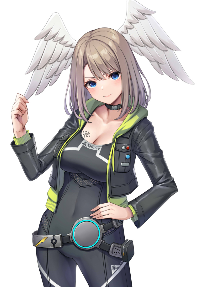 >:) absurdres black_bodysuit black_collar black_jacket blue_eyes blush bodysuit breasts brown_hair cleavage closed_mouth collar collarbone commentary covered_navel drawstring eunie_(xenoblade) feathered_wings female green_jacket hair_between_eyes hand_up head_wings highres hood hood_down hooded_jacket jacket large_breasts looking_at_viewer open_clothes open_jacket simple_background smile solo v-shaped_eyebrows white_background white_wings wings xenoblade_chronicles_(series) xenoblade_chronicles_3 ym_(distance819)