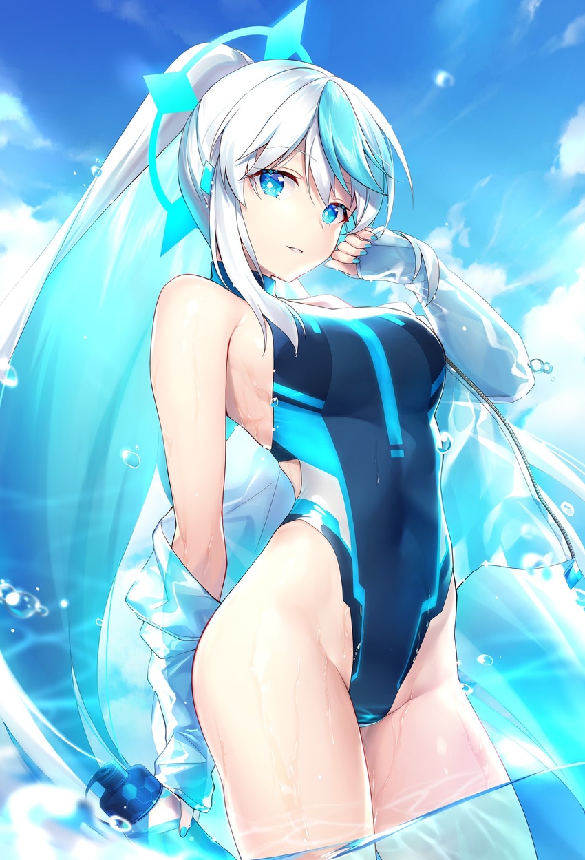 aqua_eyes aqua_hair bare_shoulders blue_jacket blue_nails blue_one-piece_swimsuit blue_theme bottle breasts competition_swimsuit covered_navel cowboy_shot eureka_iris female groin hair_ornament hand_up highleg highleg_swimsuit highres holding jacket kagachi_saku large_breasts liver_city long_hair looking_at_viewer multicolored_hair nail_polish off_shoulder official_art one-piece_swimsuit open_clothes open_jacket outdoors parted_lips ponytail second-party_source sidelocks sky smile solo standing swimsuit thighs two-tone_hair very_long_hair virtual_youtuber water wet white_hair