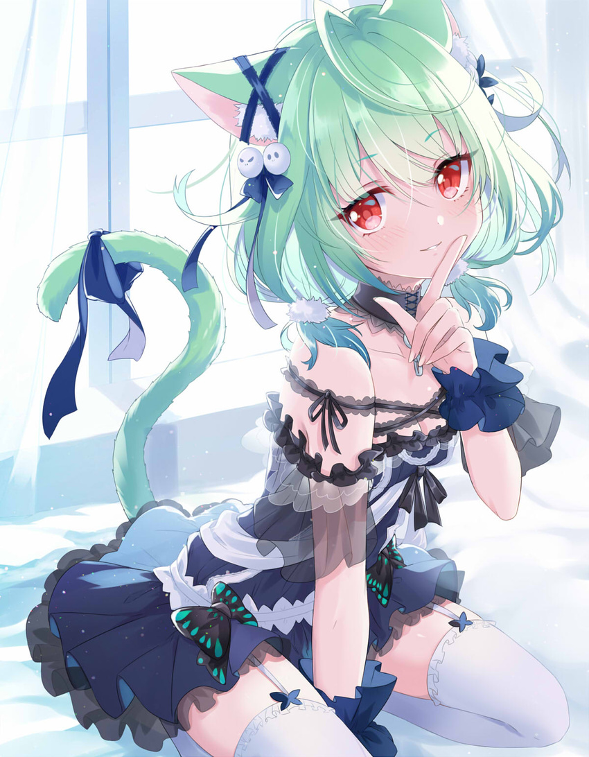 animal_ear_fluff animal_ears bare_shoulders between_legs black_dress black_ribbon blue_ribbon cat_ears cat_girl cat_tail collarbone commentary_request curtains detached_collar dot_nose dress ear_ribbon female frilled_cuffs frilled_dress frilled_thighhighs frills garter_straps gothic_lolita green_hair hair_ornament hair_ribbon hakazenanato hand_between_legs hand_up highres hololive index_finger_raised indoors kemonomimi_mode lolita_fashion looking_at_viewer low_twintails medium_hair off-shoulder_dress off_shoulder official_alternate_costume red_eyes ribbon see-through seiza short_dress short_twintails sitting skull_hair_ornament smile solo tail tail_ornament tail_ribbon thighhighs twintails uruha_rushia uruha_rushia_(3rd_costume) virtual_youtuber white_thighhighs window wrist_cuffs