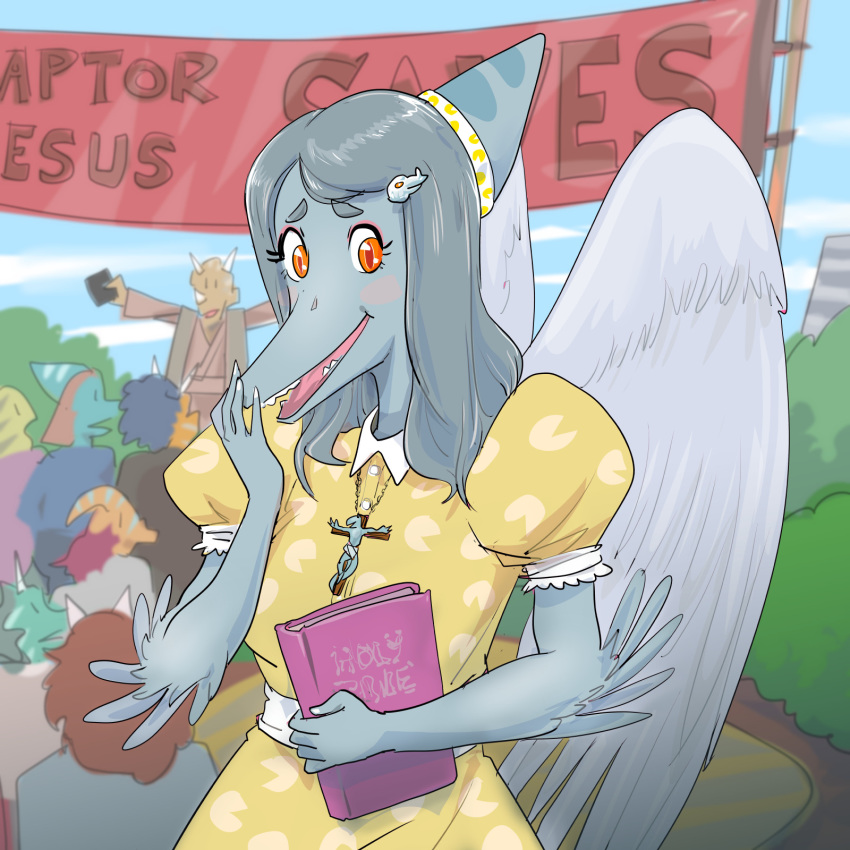 1:1 anthro bible bishopbb breasts cavemanon_studios ceratopsian clothed clothing covering covering_mouth crucifix dinosaur extinct fang_(gvh) feathered_wings feathers female goodbye_volcano_high grey_hair group hair hi_res long_hair long_snout lucy_(snoot_game) meme ornithischian prehistoric_species pterodactylus pterosaur raptor_jesus reptile scalie snoot_game snout triceratops wings