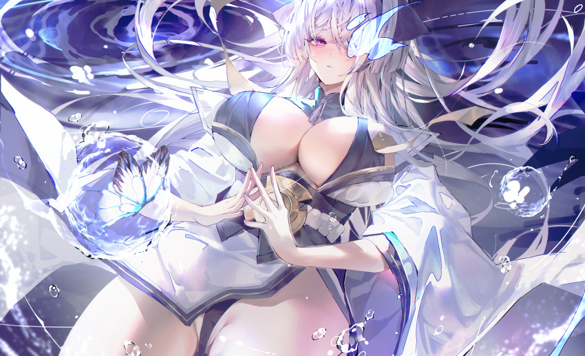 absurdres azur_lane bikini breasts cleavage female hair_over_one_eye highres japanese_clothes large_breasts long_hair multicolored_hair purple_bikini purple_eyes purple_hair solo streaked_hair swimsuit unzen_(azur_lane) very_long_hair white_hair wide_sleeves xiongshouji