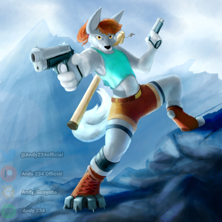 1:1 andy_234 anthro cane canid canine claws clothed clothing english_text footwear fox fur gun hair hi_res holding_gun holding_object holding_ranged_weapon holding_weapon landscape mammal mountain patreon patreon_logo paws ranged_weapon red_hair smile sofurry spotify tail text toe_claws toeless_footwear tomb_raider twitter twitter_logo weapon white_body white_fur white_tail yellow_eyes