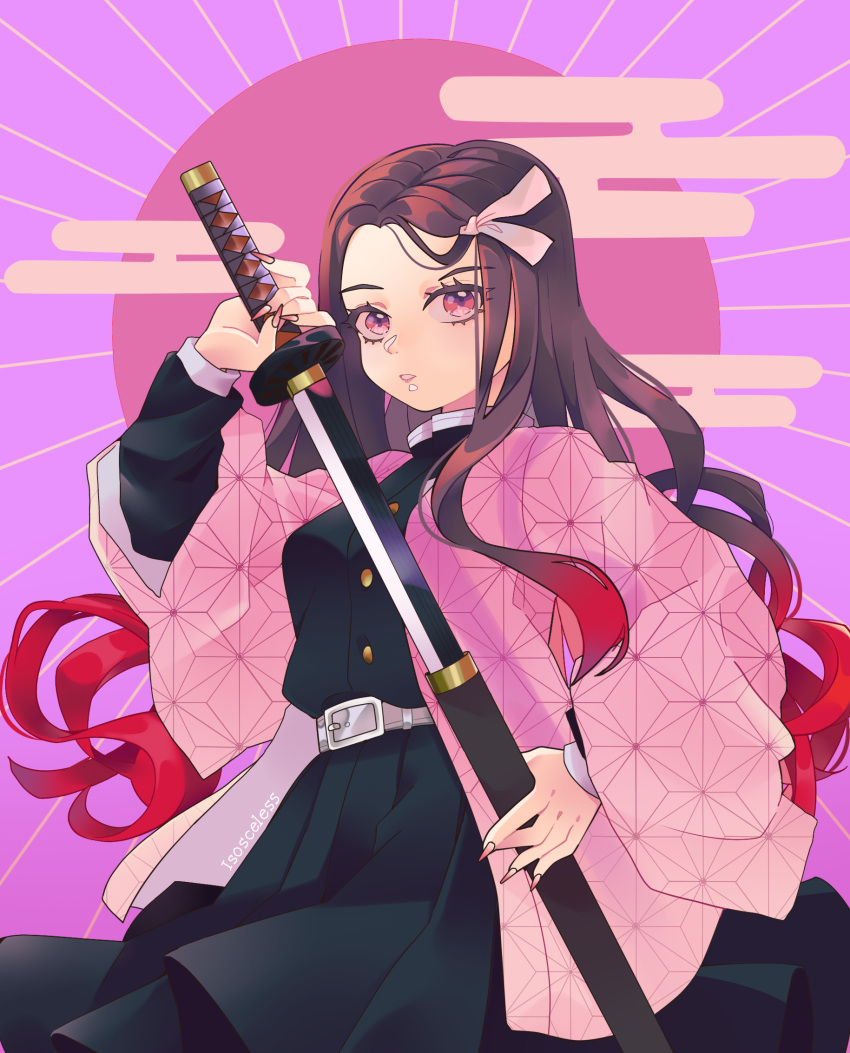 alternate_costume alternate_universe artist_name asa_no_ha_(pattern) bangs_pinned_back belt brown_hair demon_slayer_uniform dress egasumi female fingernails gradient_hair hair_ribbon haori highres holding holding_sword holding_weapon isosceless japanese_clothes kamado_nezuko kimetsu_no_yaiba long_fingernails long_hair long_sleeves looking_at_viewer multicolored_hair open_mouth pink_hair red_hair ribbon role_reversal sheath smile solo swap sword triangle_mouth two-tone_hair unsheathing very_long_hair wavy_hair weapon wide_sleeves