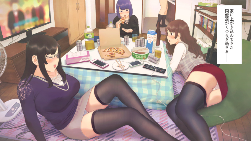 1other 3girls black_hair blue_panties blush breasts brown_hair closed_eyes commentary_request dot_nose electric_fan food glasses highres indoors kotatsu long_sleeves multiple_girls open_mouth original panties pizza purple_hair ryokucha_michi shadow straight_hair table television thighhighs translation_request underwear wavy_hair white_panties wooden_floor