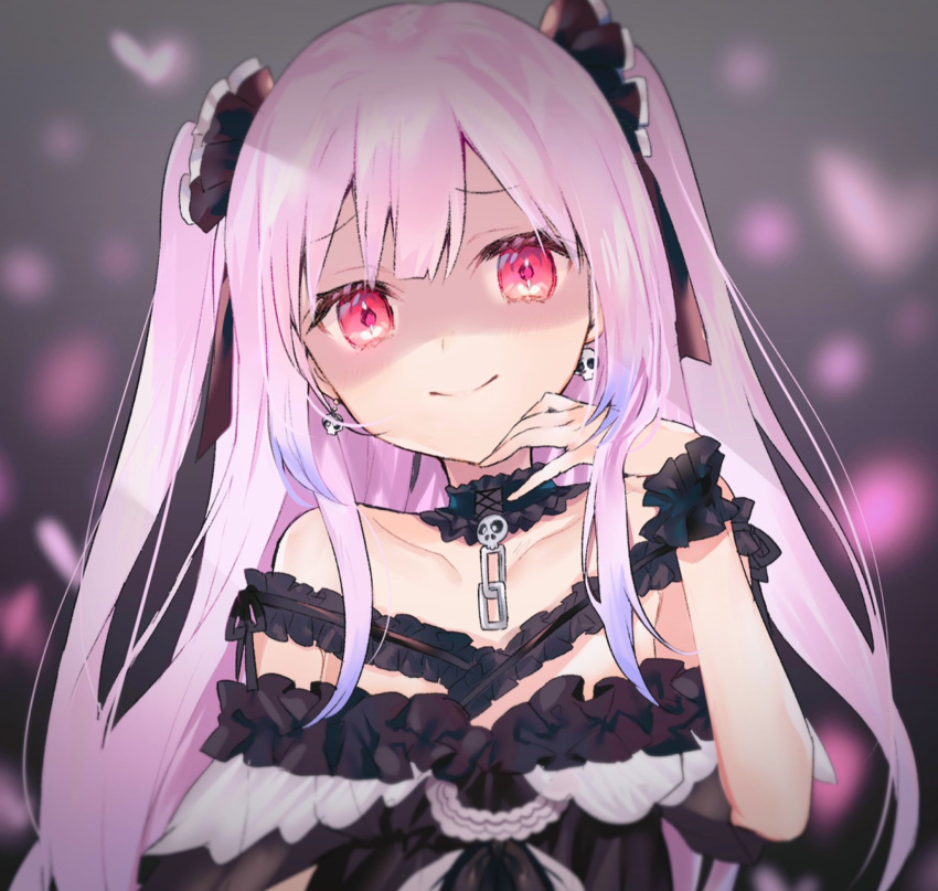 black_background black_dress blurry blurry_background blush breasts bug butterfly chains closed_mouth collarbone commentary depth_of_field detached_collar dress earrings eyelashes female frilled_dress frills hair_ribbon highres hololive jewelry long_hair looking_at_viewer nana_kagura off-shoulder_dress off_shoulder official_alternate_costume pink_hair red_eyes ribbon shaded_face simple_background skull skull_earrings small_breasts smile solo straight_hair two_side_up upper_body uruha_rushia uruha_rushia_(3rd_costume) virtual_youtuber wrist_cuffs