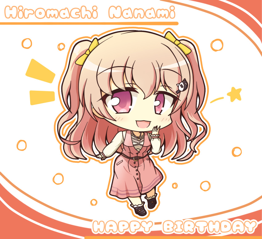 :d bang_dream! belt black_footwear blush brown_belt cat_hair_ornament character_name commentary_request dress female full_body hair_between_eyes hair_ornament hair_ribbon hand_up happy_birthday highres hiromachi_nanami jewelry long_hair long_sleeves looking_at_viewer necklace notice_lines open_mouth orange_background outline photoshop_(medium) pink_dress pink_eyes pink_hair ribbon shirt shoes sidelocks smile solo standing teen_(teen629) two_side_up white_background white_shirt yellow_ribbon