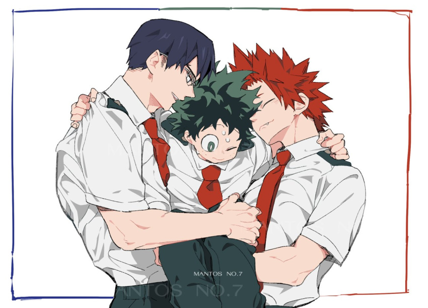 3boys artist_name black_hair boku_no_hero_academia carrying collared_shirt commentary_request fang_out freckles glasses green_eyes green_hair green_pants grey-framed_eyewear hand_on_another's_leg hug iida_tenya kirishima_eijirou looking_down male_focus mantos_no.7 midoriya_izuku multiple_boys necktie oerba_yun_fang one_eye_closed open_mouth pants red_hair red_necktie school_uniform shirt shirt_grab short_sleeves simple_background spiked_hair sweat thai_commentary u.a._school_uniform watermark white_background white_shirt yaoi