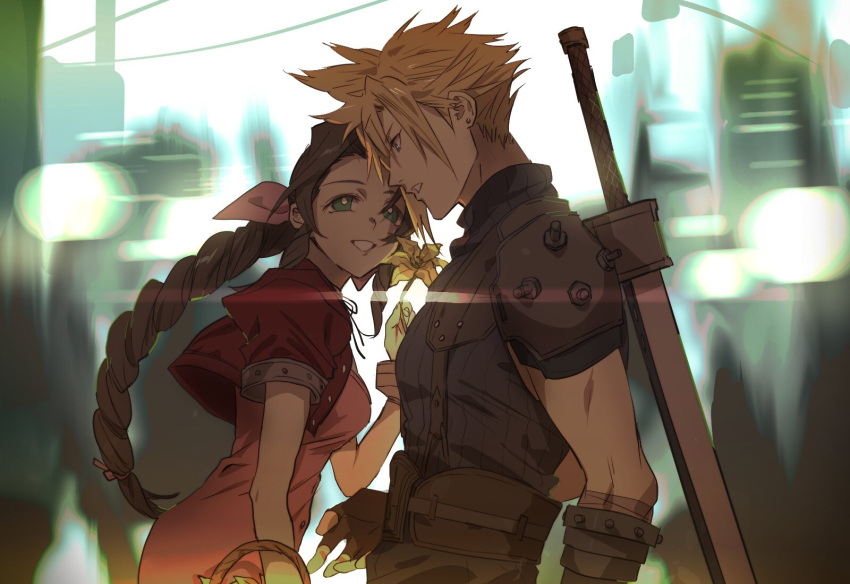 1boy aerith_gainsborough armor asymmetrical_hair bandaged_arm bandages belt blonde_hair blue_eyes blue_shirt braid braided_ponytail breasts buster_sword choker cloud_strife collaboration cropped_jacket dress earrings female final_fantasy final_fantasy_vii final_fantasy_vii_remake flower flower_basket gloves green_eyes hair_ribbon highres holding holding_flower jacket jewelry medium_breasts mikuroron muscular muscular_male parted_bangs pink_dress red_jacket ribbon shirt shoulder_armor sidelocks single_earring sleeveless sleeveless_turtleneck smile spiked_hair suspenders sword sword_on_back talesofmea turtleneck upper_body weapon weapon_on_back yellow_flower