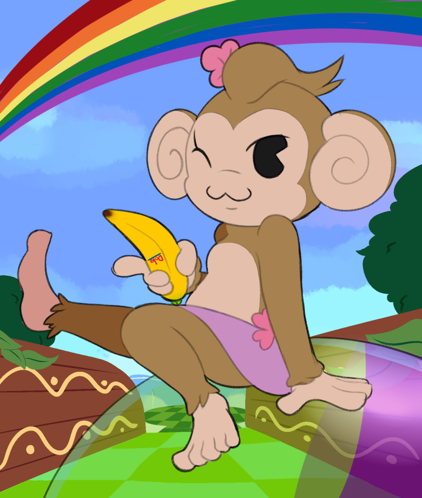 2023 anthro banana barefoot brown_body brown_fur clothing day dose feet female fingers food fruit fur haplorhine hi_res looking_at_viewer mammal meemee monkey one_eye_closed plant primate rainbow sitting smile solo super_monkey_ball toes wink