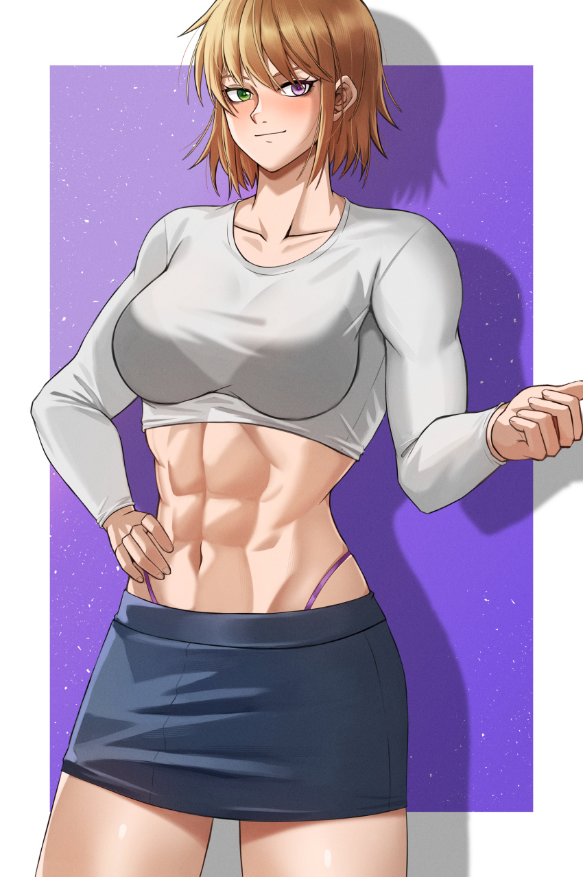 abs absurdres anego_(lv1_maou_to_one_room_yuusha) blonde_hair blush border breasts collarbone commentary_request cowboy_shot crop_top fax61209 female green_eyes hand_on_own_hip highres long_sleeves lv1_maou_to_one_room_yuusha medium_breasts medium_hair miniskirt muscular muscular_female navel panty_straps partial_commentary pencil_skirt purple_background purple_eyes shirt skirt solo white_border white_shirt