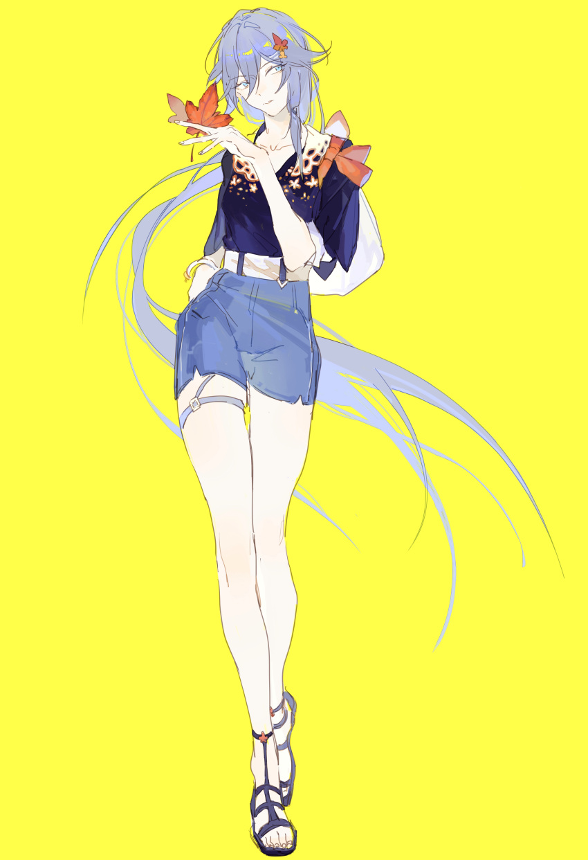 absurdres bag belt blue_shirt blue_shorts bracelet casual chinese_commentary closed_mouth commentary_request female fingernails fu_hua full_body hair_between_eyes hair_ornament hairpin hand_in_pocket hat highres holding honkai_(series) honkai_impact_3rd jewelry leaf long_hair looking_to_the_side maple_leaf nnikko ponytail sandals shirt short_hair short_sleeves shorts simple_background solo toes yellow_background